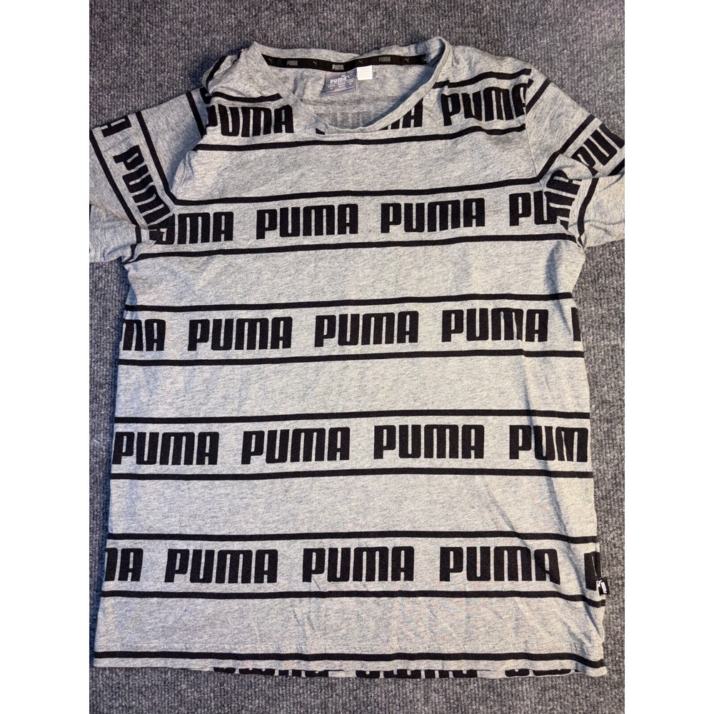 PUMA T Shirt Boy M Gay Heather Spell Out Logo Short Sleeve Crew Neck Pullover